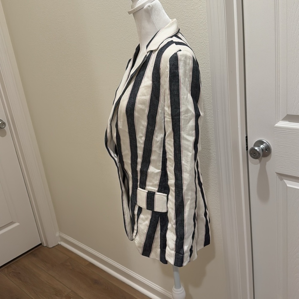 FRAME Bold Stripe Navy White Linen Blazer Sz 4 - Picture 6 of 16